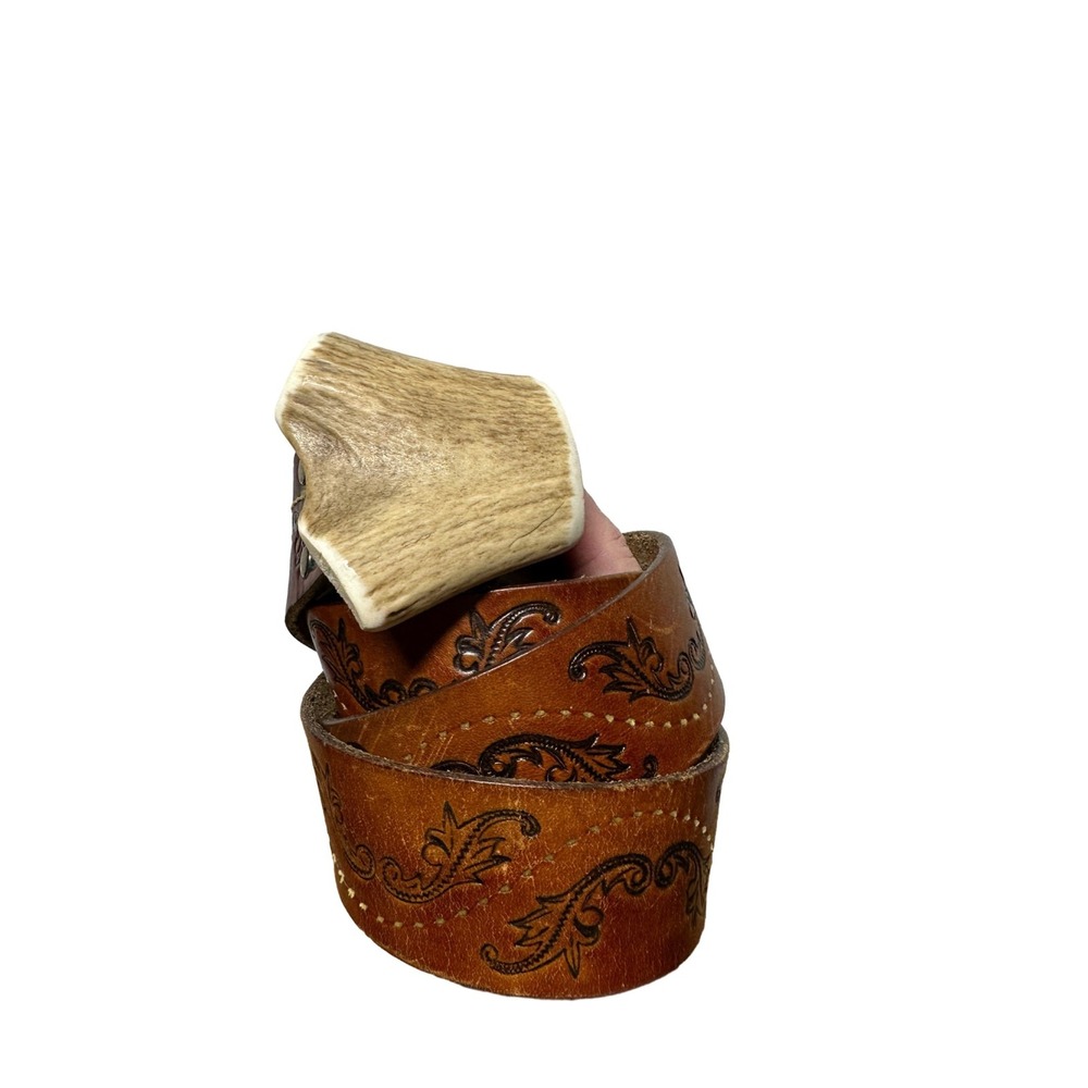 Vintage Hand Tooled Leather Belt Natural Antler Buckle Western Cowboy Brown 40